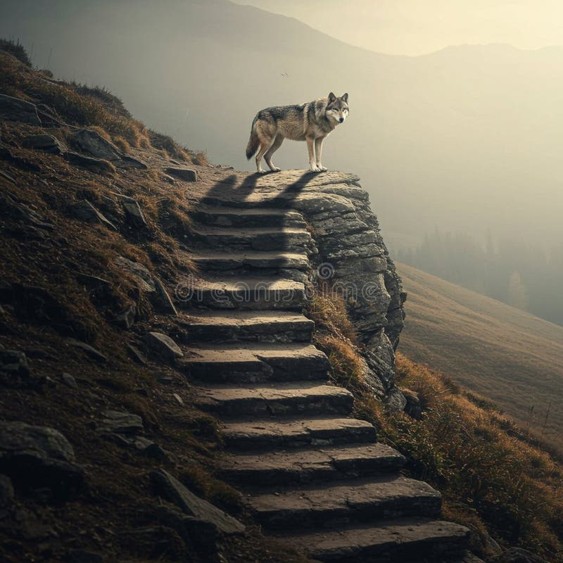 Un lupo solitario Canis lupus si trova in cima a un raccolto roccioso che sovrasta una montagna illustrazione di stock