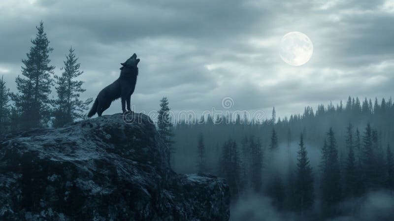 Un lupo solitario che ulula alla luna in una foresta nebulosa illustrazione vettoriale