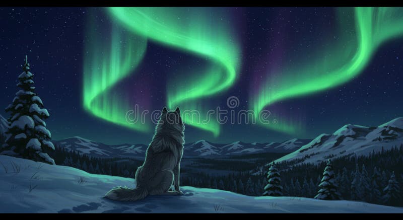 Un lupo solitario siede su una collina di neve che osserva l'aurora verde borealis che colpisce illustrazione vettoriale