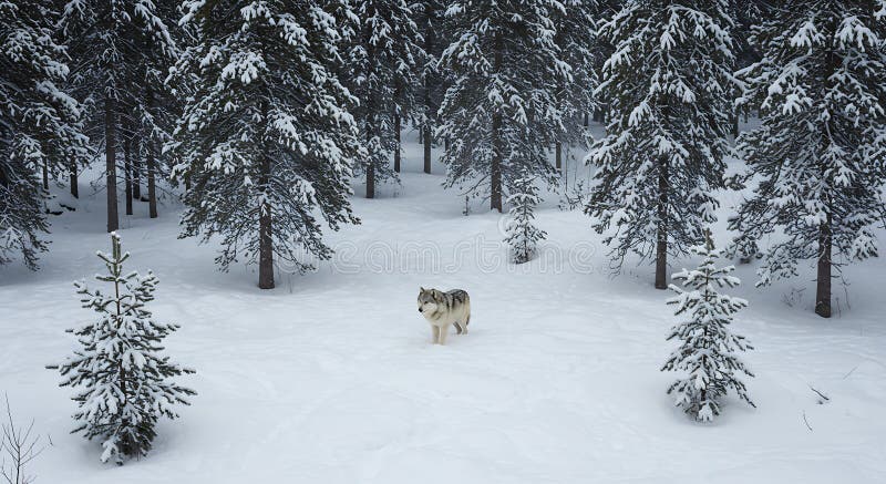 Un lupo solitario sta su un paesaggio coperto di neve circondato da una fitta foresta di royalty illustrazione gratis