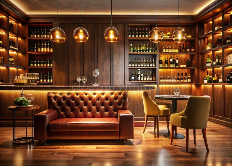 O oază luxoasă cu bar acasă: Iluminare delicată, expoziție de vinuri rafinată și spațiu amplu pentru relaxare și divertisment stock illustration