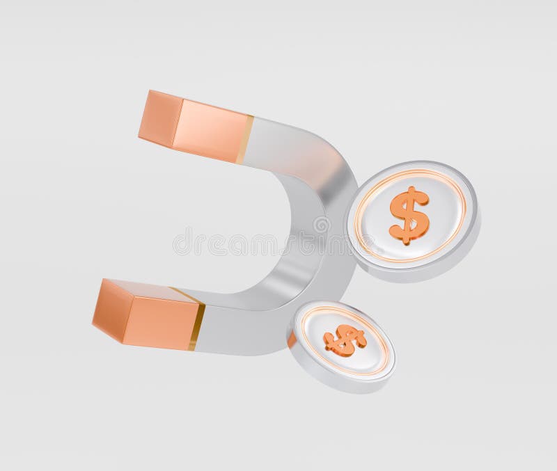 Un magnet portocaliu și argintiu redat 3D cu pictograme cu concepte financiare. vector illustration