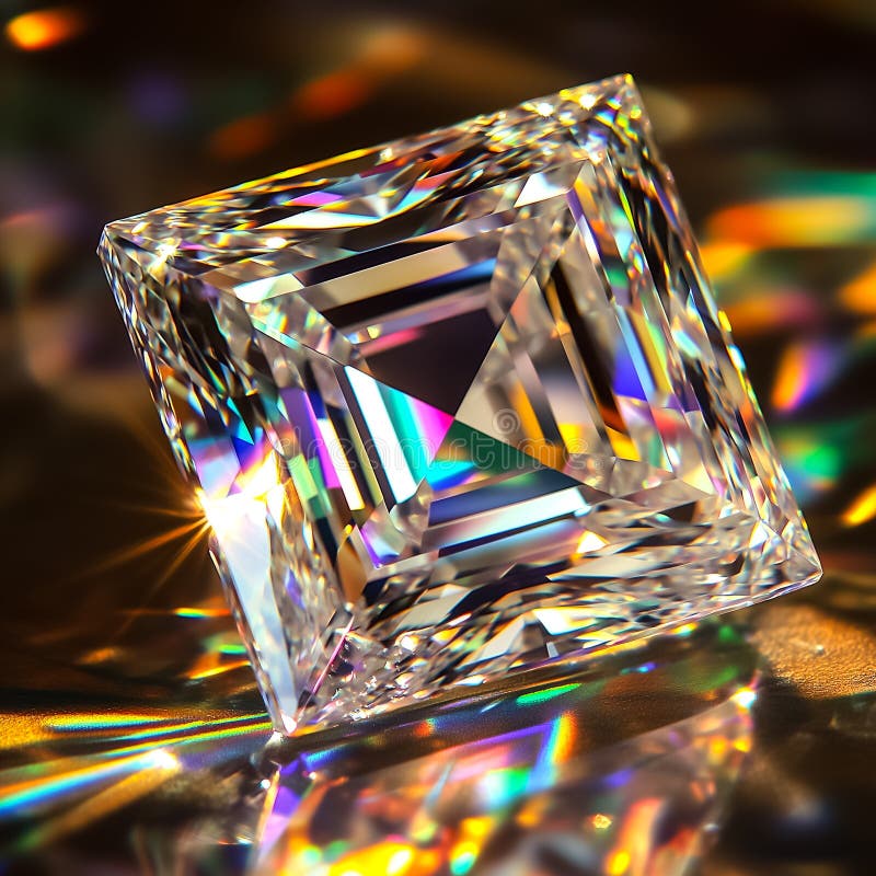 Un magnifique closeup d'un cristal carré réfractant la lumière, qui présente des couleurs vives et des détails complexes photos stock