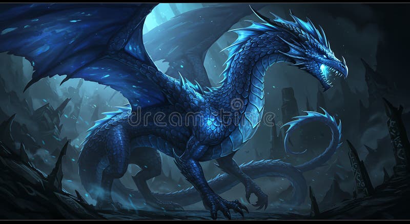 Un maiestuos dragon albastru luminos stă în mijlocul unui peisaj stâncos obscur. Este stock illustration