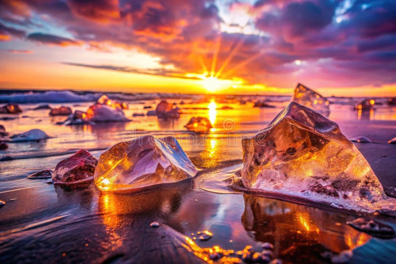 Un majestueux paysage de mer d'hiver gelé éclats de soleil rose et ambre teintes de glace bijoux scintillant dans illustration libre de droits
