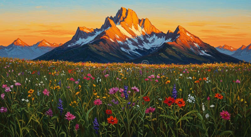 Un majestueux paysage de montagne au coucher du soleil présente un sommet marqué illustration de vecteur