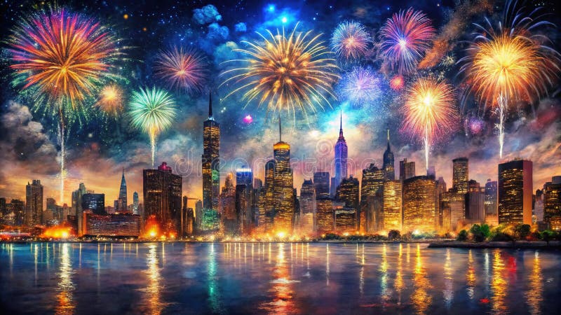 Un majestueux spectacle de feux d'artifice illumine la ville Skyline Un magnifique paysage de nuit urbain illustration de vecteur