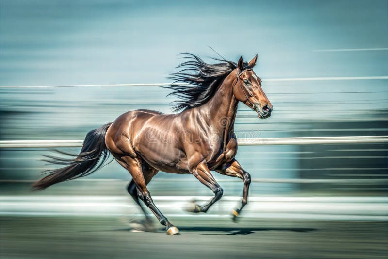 Un majestuoso caballo marrón galopando con su mane fluyendo en el viento contra un fondo borroso mostrando su velocidad y gracia libre illustration