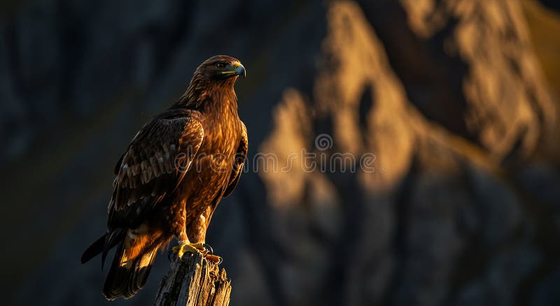 Un majestuoso pájaro de presa probablemente un águila dorada encaramado en un escarpado muñón de madera. I stock de ilustración