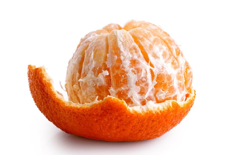 A half peeled mandarin isolated on white. A half peeled mandarin isolated on white.