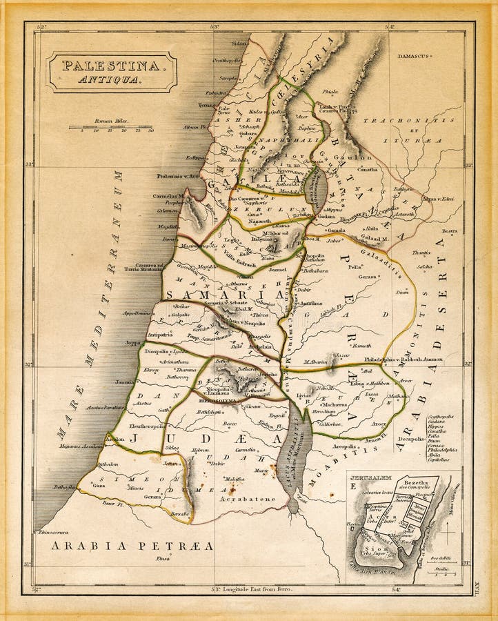 El mapa antiguo de Palestina imprimió 1845