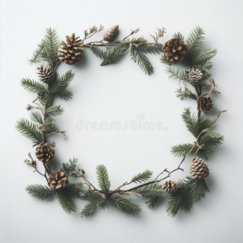 Un marco hecho de ramas eververdes con adornos de cono de pino contra fondo de navidad blanca. generador de ai.