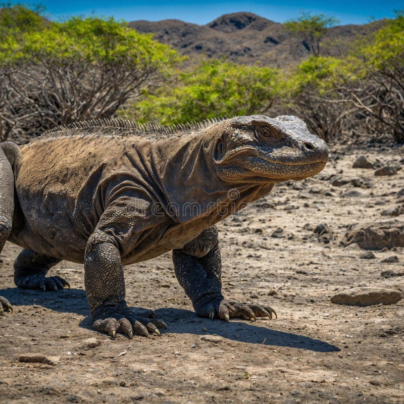 Un mare dragon Komodo Varanus komodoensis pe un teren stâncos uscat sub un cer albastru strălucitor generat de AI vector illustration