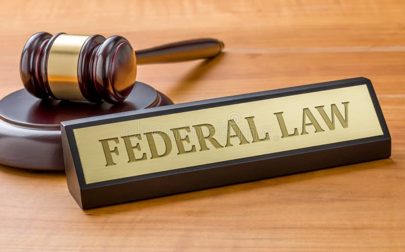 Un mazo y una placa de identificación con la ley federal de grabado