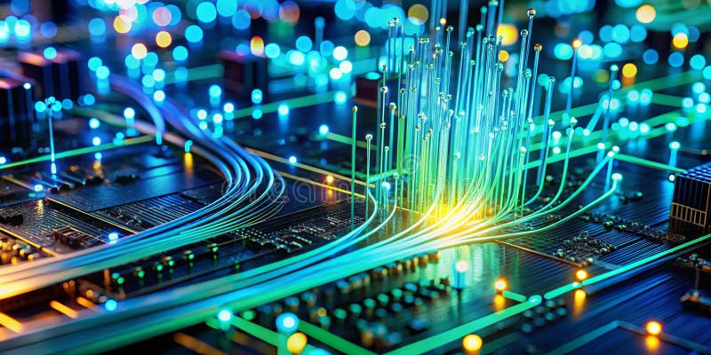 Un mediu tehnic imersiv cu cabluri de strălucire a plăcii circuitelor futuriste și un flux dinamic de date ideal pentru royalty free illustration