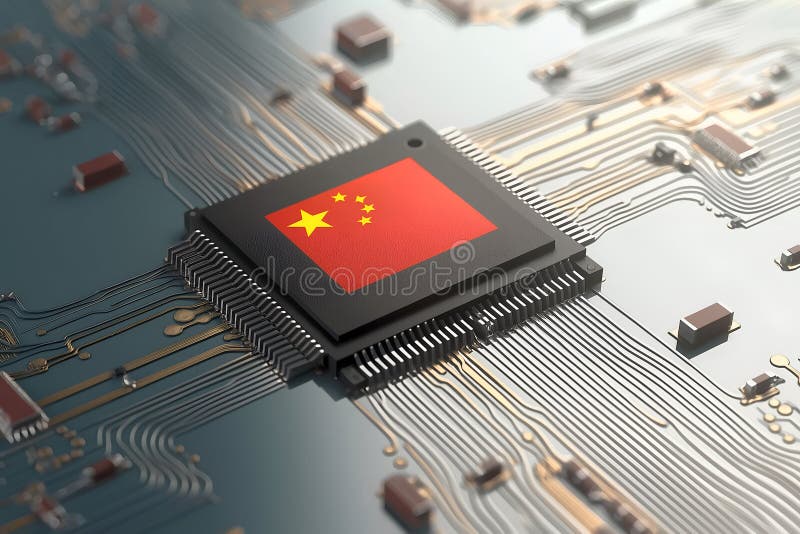 Un microchip con la bandera china simboliza el dominio del chinarsquo en tecnología y ai fotos de archivo