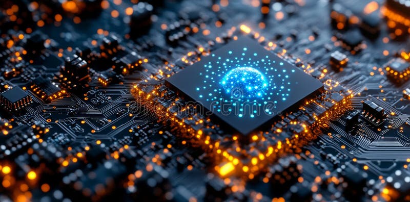 Un microcip futurist este prezentat într-o vizualizare detaliată înconjurat de circuite care strălucește într-un cadru high-tech p royalty free stock photography