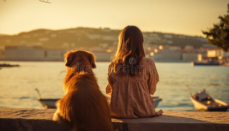 A cute dog sitting outdoors, enjoying the sunset with women generated by artificial intelligence AI generated. A cute dog sitting outdoors, enjoying the sunset with women generated by artificial intelligence AI generated