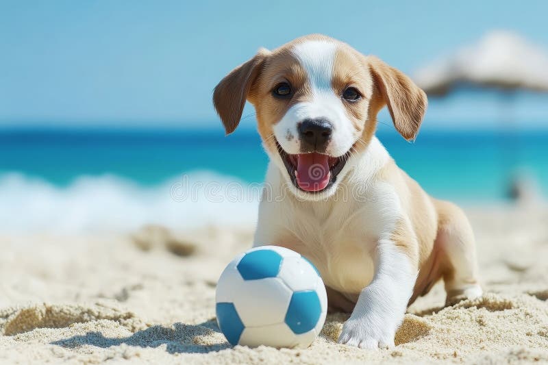 Un mignon chiot est en train de bronzer sur la plage sous un parapluie à côté d'un volley-ball et d'une bague de natation gonflable. IA générée
