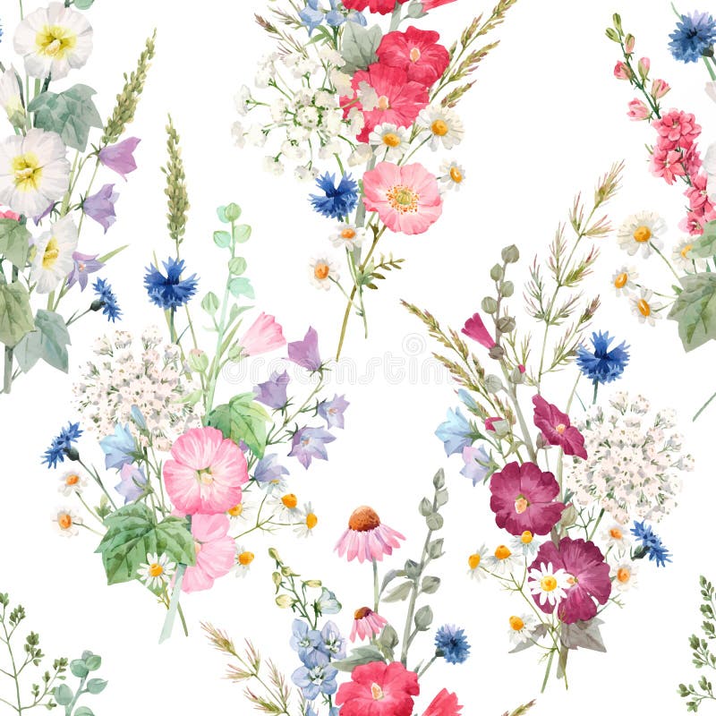 Un model floral strălucitor și impecabil cu flori de vară în culori de apă. ilustrare stoc. vector illustration