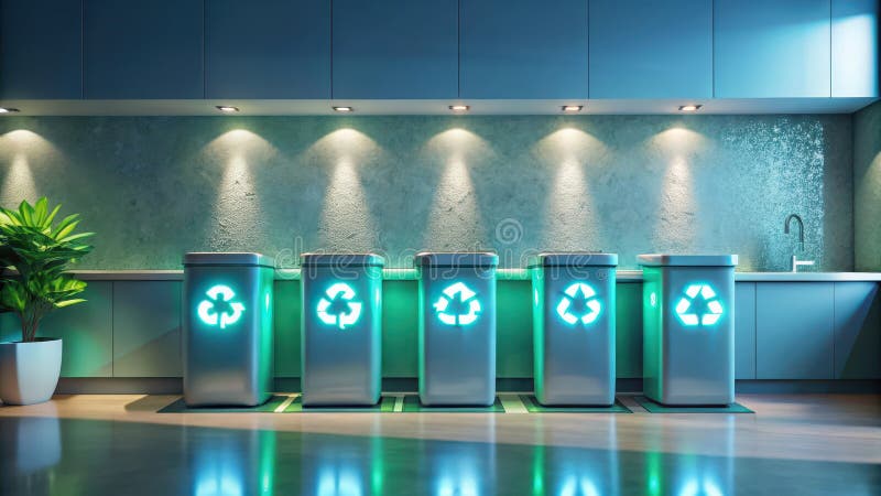 Un moderno contenitore illuminato per il riciclaggio in una cucina elegante che promuove lo smaltimento ecofrequente dei rifiuti e illustrazione vettoriale