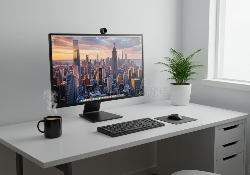 Un moderno spazio di lavoro minimalista con un elegante monitor su scrivania bianca. illustrazione vettoriale