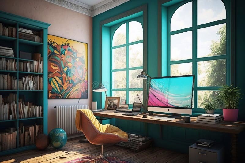 Un moderno ufficio domestico con un computer da tavolo e due finestre per un'aria generativa con luce naturale illustrazione vettoriale