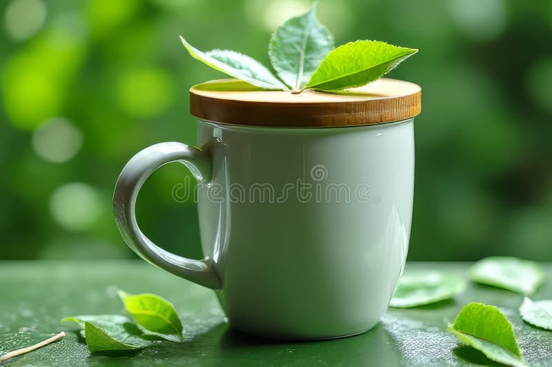 Un moment delicat de seninătate Bucurându-se de o ceașcă de ceai verde proaspăt cu capac natural de bambus stock illustration
