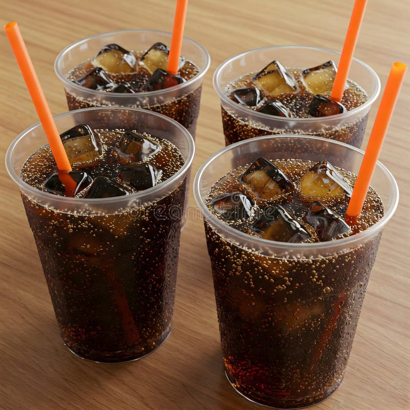 Un momento rinfrescante : Quattro bicchieri di coca fredda ognuno pieno di cubetti di ghiaccio e una paglia d'arancia brillante royalty illustrazione gratis