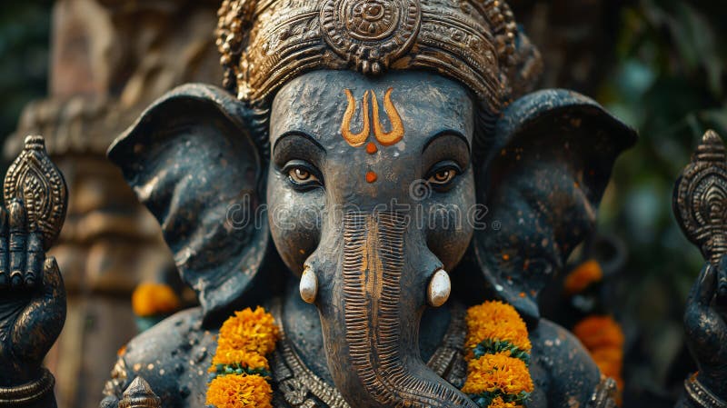 Un momento sereno che mostra la tranquilla visatura di ganesh ornata di garlands di marigold in un tranquillo giardino tempio fotografia stock