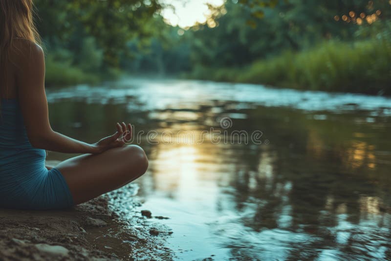 Un momento sereno di meditazione yoga del fiume tranquillo all'alba, abbracciando la natura della pace e della bellezza fotografia stock libera da diritti