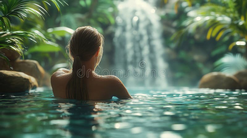 Un momento sereno in natura, mentre la ragazza ama calmare le cascate in paradiso tranquillo immagini stock