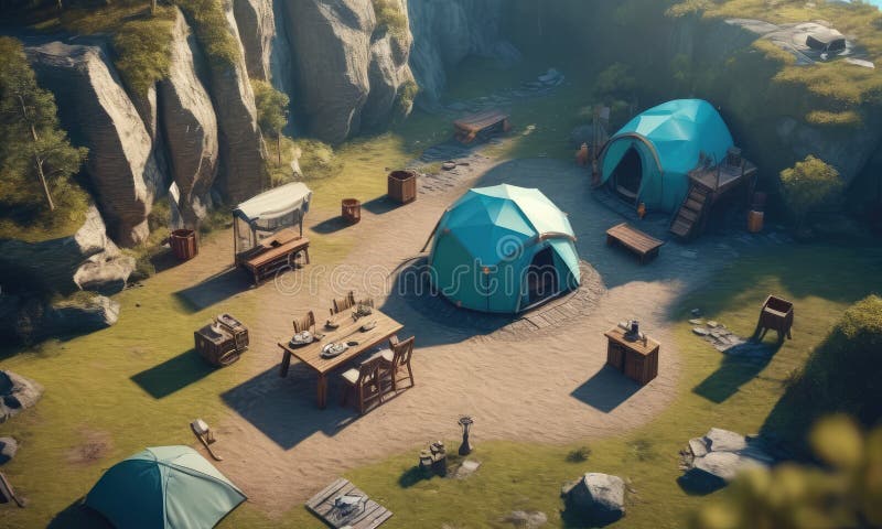 Ai Generated of A vibrant blue tent stands out against a rocky cliff face, accompanied by a wooden table and chairs, a wooden bench, and a wooden barrel. The scene is set on a grassy hill, with a clear blue sky and a distant mountain range. Ai Generated of A vibrant blue tent stands out against a rocky cliff face, accompanied by a wooden table and chairs, a wooden bench, and a wooden barrel. The scene is set on a grassy hill, with a clear blue sky and a distant mountain range.