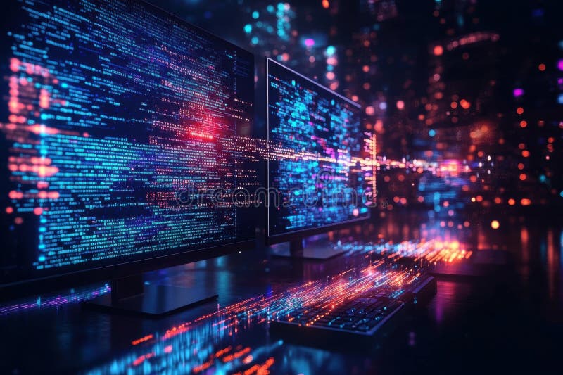 Un monitor de computadora muestra una serie de líneas y puntos coloridos imagen de archivo libre de regalías
