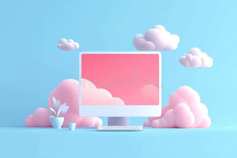 Un monitor de ordenador con fondo rosa y nubes en segundo plano. El ordenador está en un escritorio con una planta maceta de IA generada