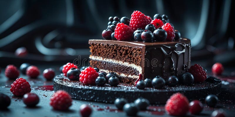Un morceau de gâteau décadent surmonté de baies fraîches dans un cadre cinématographique sombre qui respire l'élégance et le luxe photo libre de droits