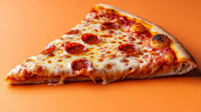 Un morceau de pizza au pepperoni chaud avec du fromage fondu au gooey et du pepperoni à la pointe présenté contre un vibrant photographie stock