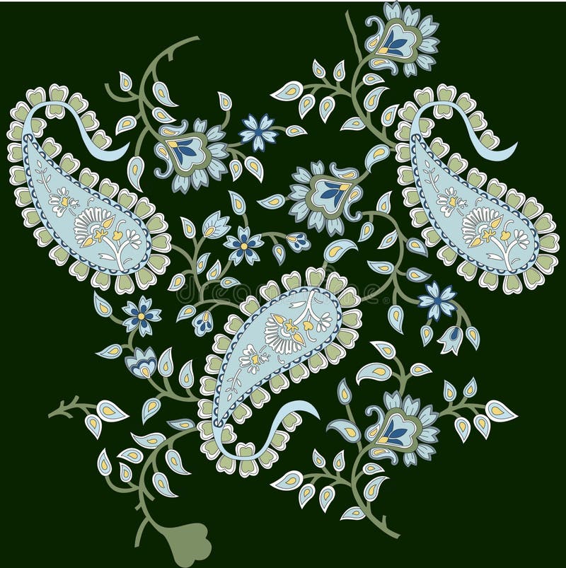 Un motif floral bleu et blanc éclatant paisley sur fond vert rafraîchissant illustration de vecteur