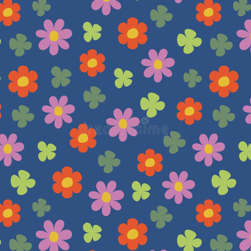 Un motif transparent et lumineux avec fleurs et trèfle. Sur un fond bleu foncé il y a des fleurs rouges et violettes et des feuilles de trèfle vert. Ce design floral est parfait pour les projets de printemps textiles ou papeterie. Un grand choix pour ajouter l'humeur et la joie naturelles. sans plan similaire. Illustration vectorielle