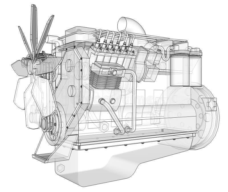 Un motor diesel grande con el camión representado en las líneas de contorno en el papel cuadriculado Los contornos de la línea ne