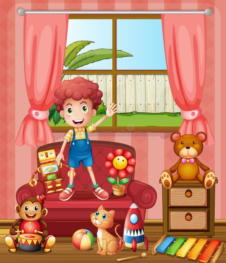 Un muchacho con su gato y juguetes ilustración del vector Un muchacho con su gato y juguetes ilustración del vector