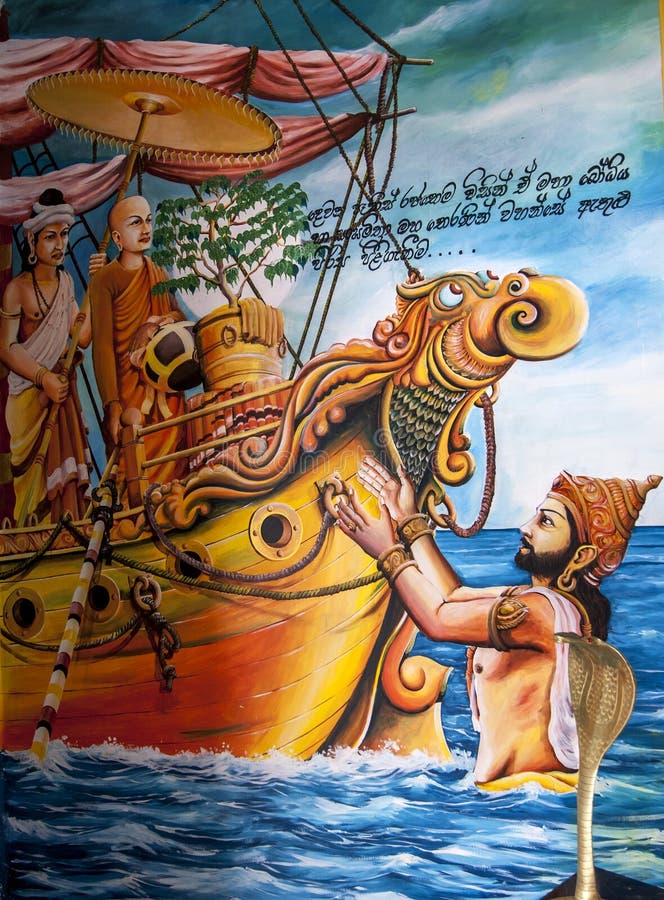 Un murale della parete che descrive l'arrivo dell'alberello del ramo del sud dell'albero sacro di Sri Maha Bodhi dall'India nello fotografia stock libera da diritti Un murale della parete che descrive l'arrivo dell'alberello del ramo del sud dell'albero sacro di Sri Maha Bodhi dall'India nello fotografia stock libera da diritti
