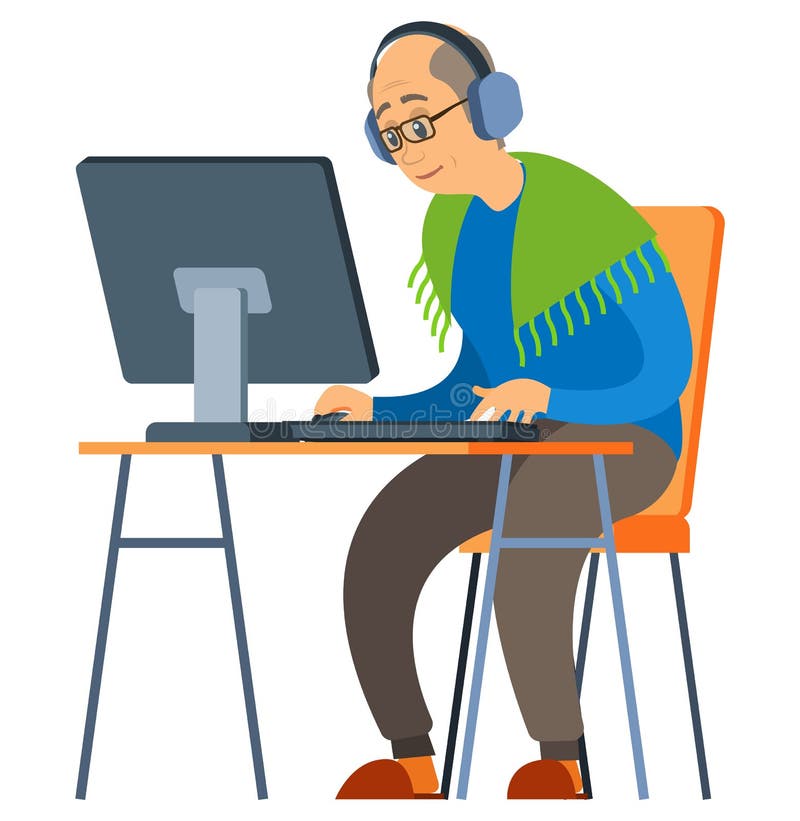 Un más viejo hombre usando vector del ordenador, del mayor y de la PC stock de ilustración