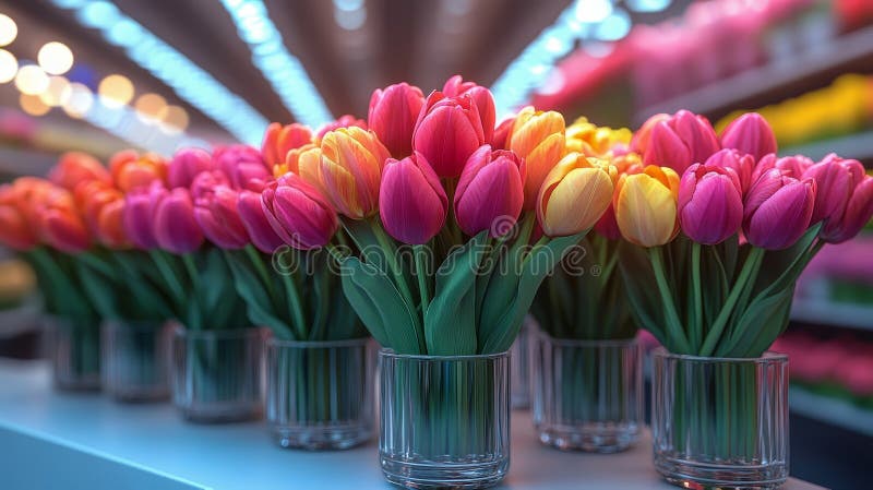 Un negozio di fiori con un'ampia esposizione di tulipani di colore chiaro in pieno fiore immagini stock libere da diritti