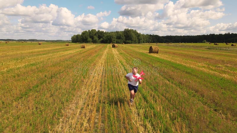 Un niño feliz corre en un campo con un avión en la mano contra un hermoso cielo. metrajes