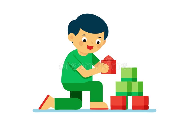 Un niño jugando con bloques de construcción participando en juegos creativos y educativos stock de ilustración