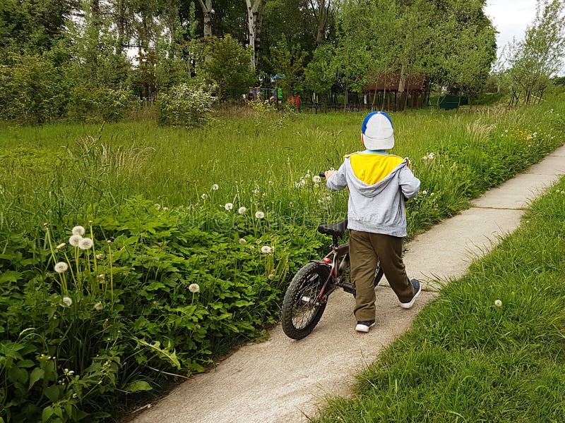 Un niño monta una bicicleta infantil por un camino entre la vegetación fresca La infancia alegre Esforzándose por un sueño Físico fotografía de archivo libre de regalías Un niño monta una bicicleta infantil por un camino entre la vegetación fresca La infancia alegre Esforzándose por un sueño Físico fotografía de archivo libre de regalías