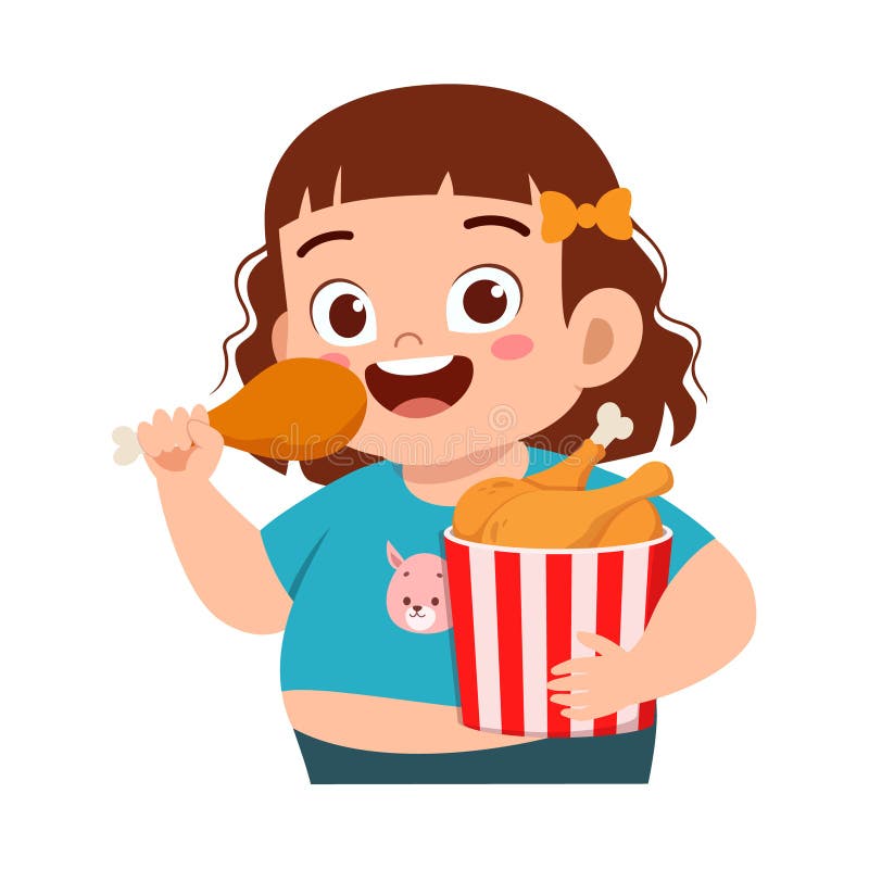 Un niño pequeño come pollo frito y se siente feliz stock de ilustración
