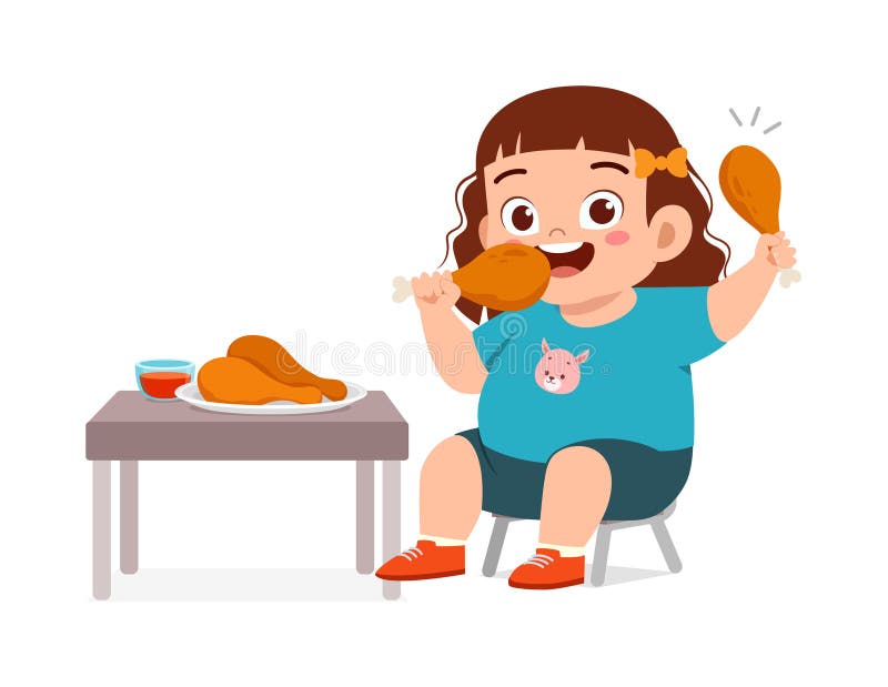 Un niño pequeño come pollo frito y se siente feliz ilustración del vector