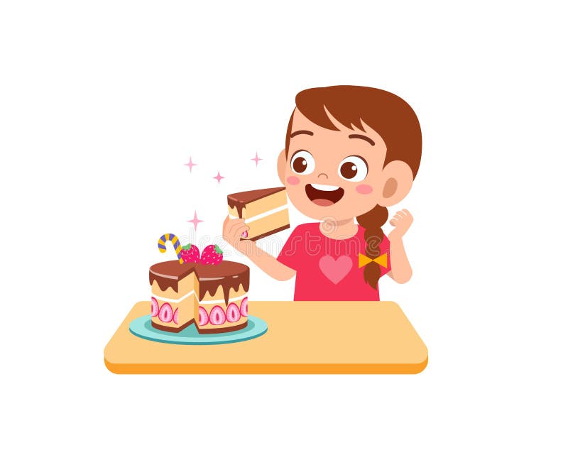 Un niño y una niña felices y lindos comen un pastel de cumpleaños stock de ilustración